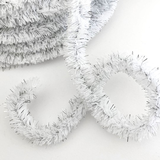 Wired Yarn Trim in White with Silver Tinsel ~ Soft and Fluffy ~ 1 yd.